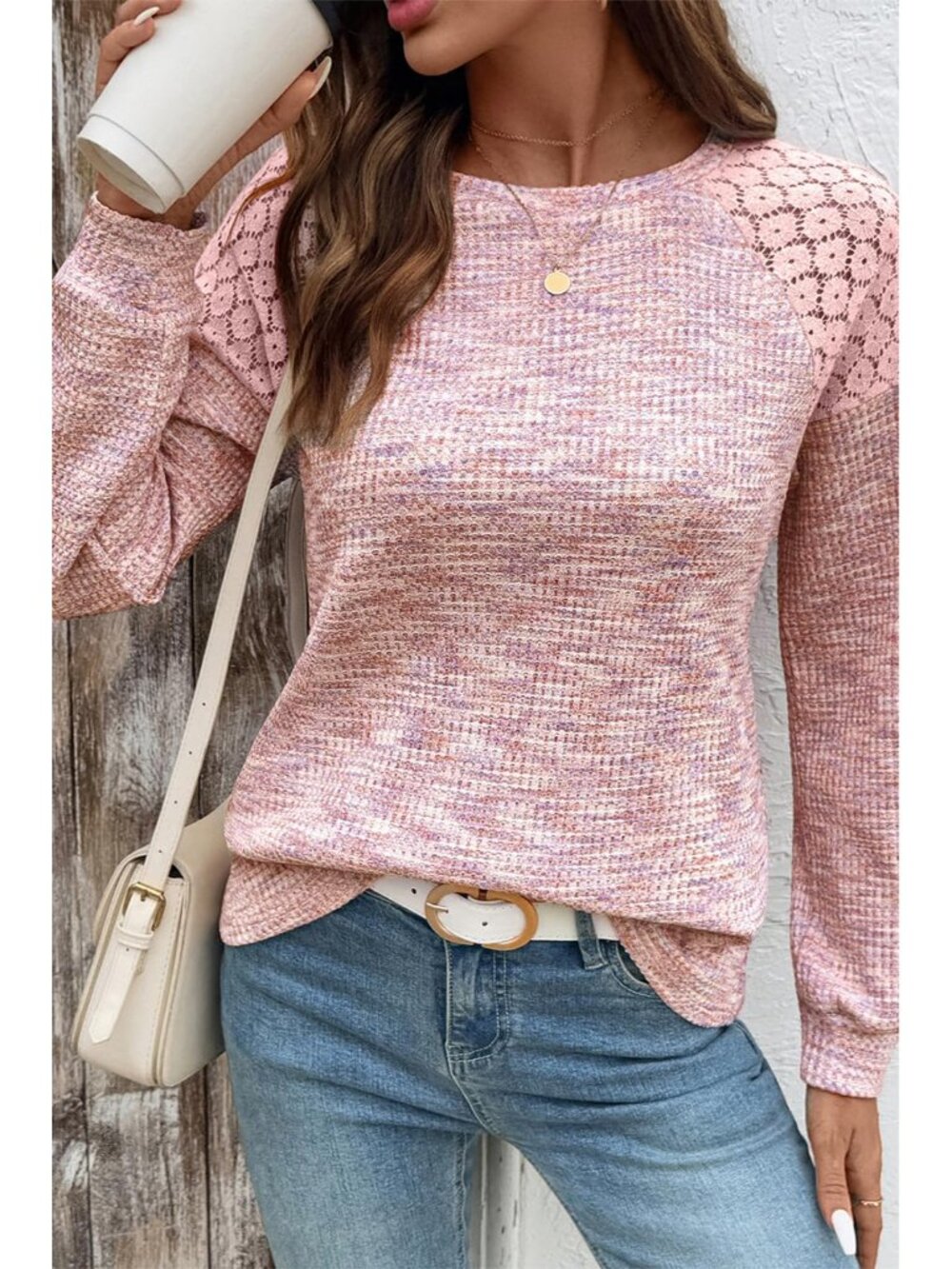Fall Women Tops Waffle Knit Shirts Multicolor Fabric Blouses - Picture 3 of 6